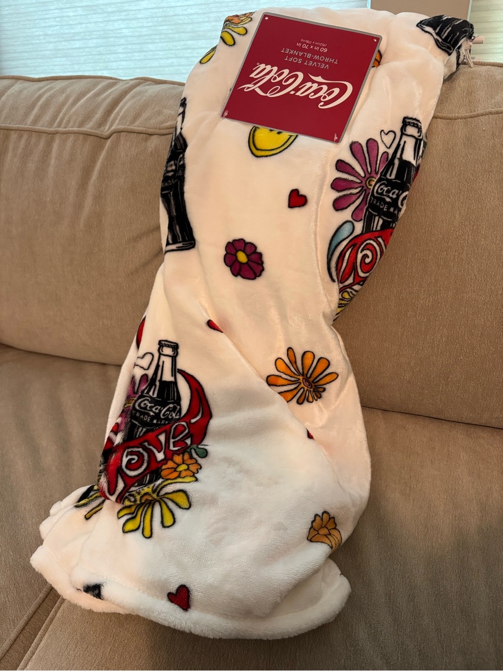 Coca-Cola Retro Flower Power Love Smiley Bottles Velvet Soft Throw Blanket 60x70